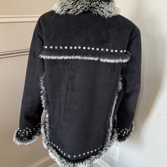 Montanaco Black Faux Suede Fur Jacket Womens L Gem Studs Trim Boho Western Style - Picture 4 of 8